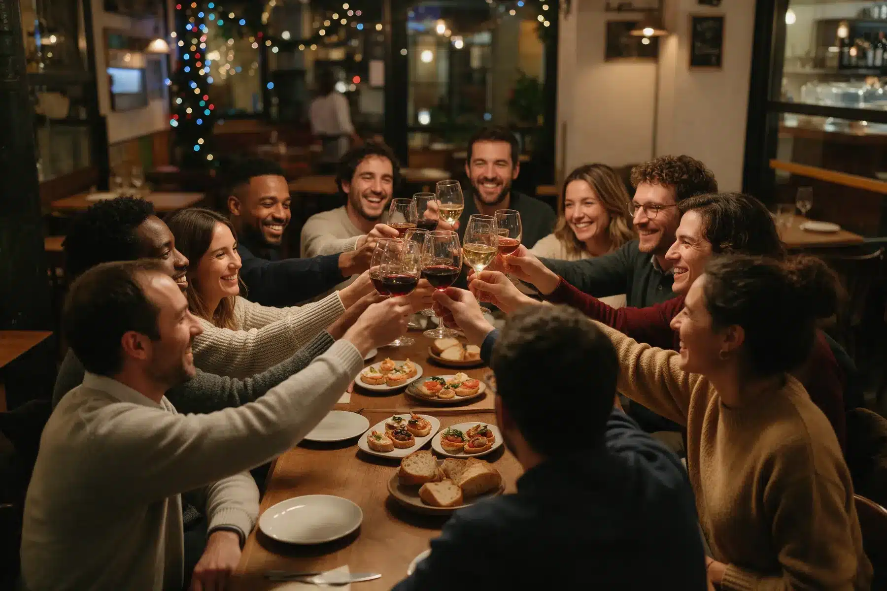 Equipo de trabajo brindando en una cena de empresa en un restaurante de Barcelona alrededor de una mesa larga con tapas