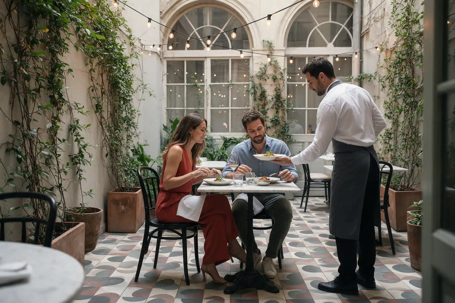 Pareja cenando en el patio de un restaurante con encanto de Barcelona con suelo hidráulico, plantas trepadoras y guirnaldas de luz