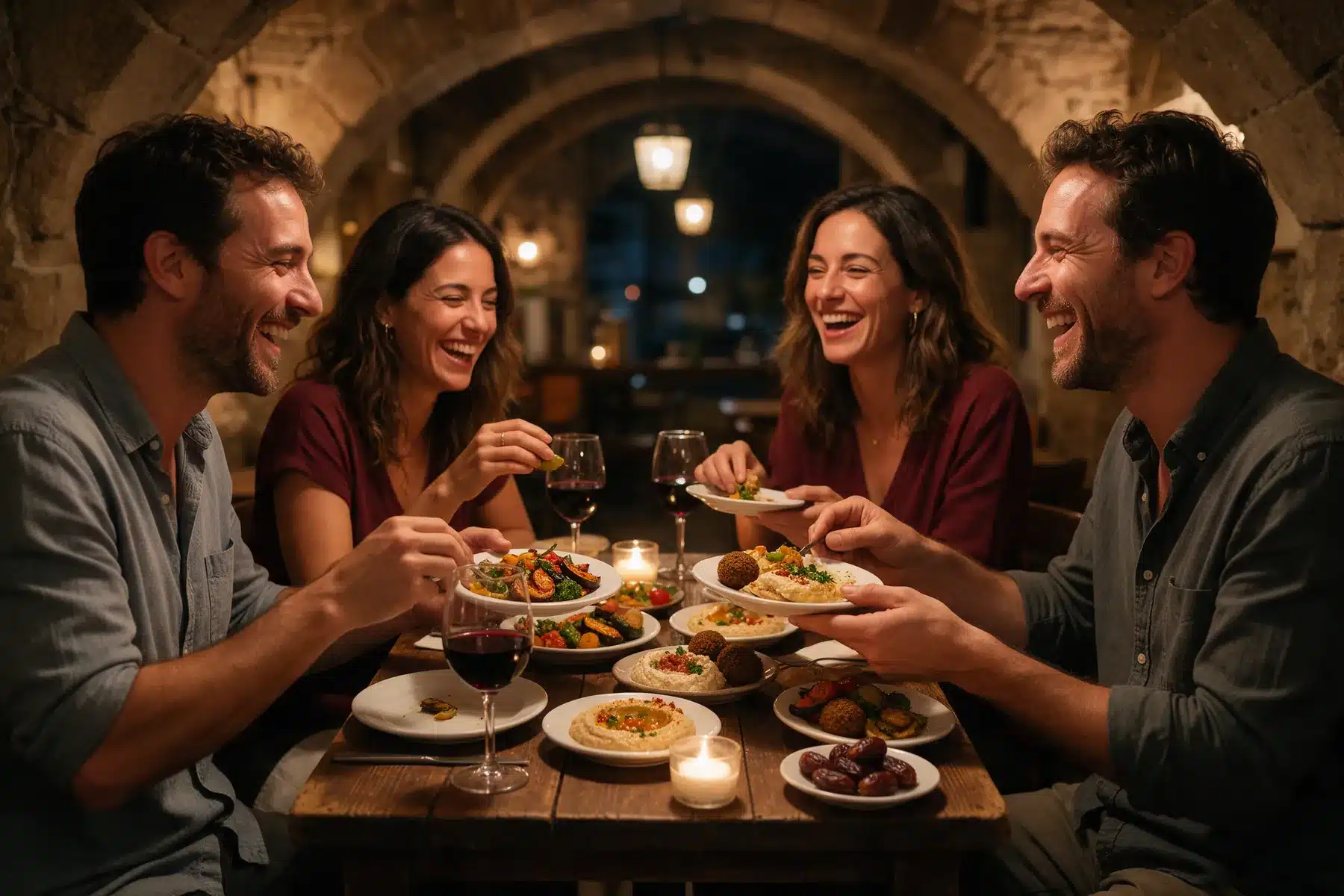 Amigos compartiendo tapas mediterráneas de fusión bajo una bóveda de piedra en una taberna del casco antiguo de Barcelona